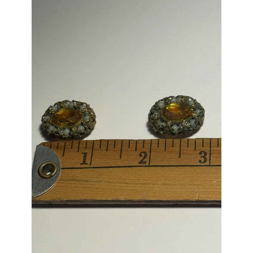 Vintage Yellow Glass‎ Oval Clip-On Earrings Brass Filigree Beaded Stud Women
